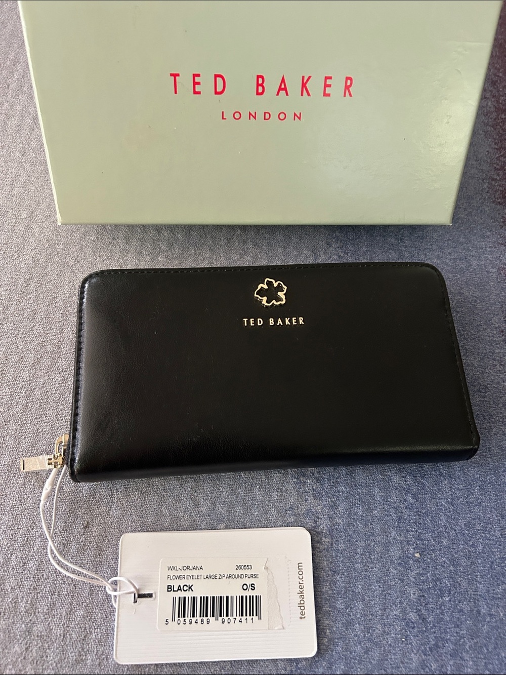 Ted Baker Black Leather Zip Wallet with Gold Logo